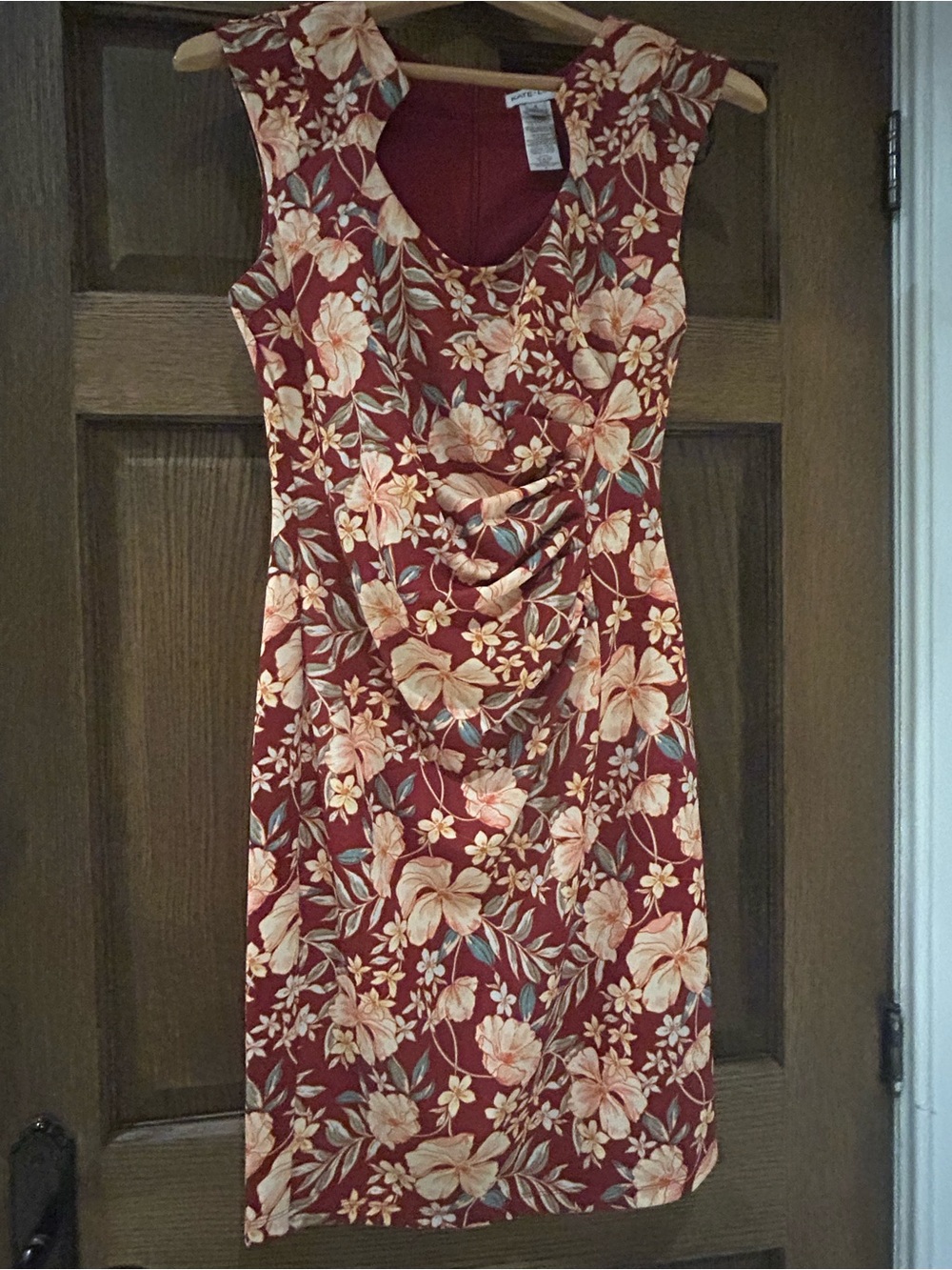 Floral Ruched Midi Dress in Burgundy and Cream